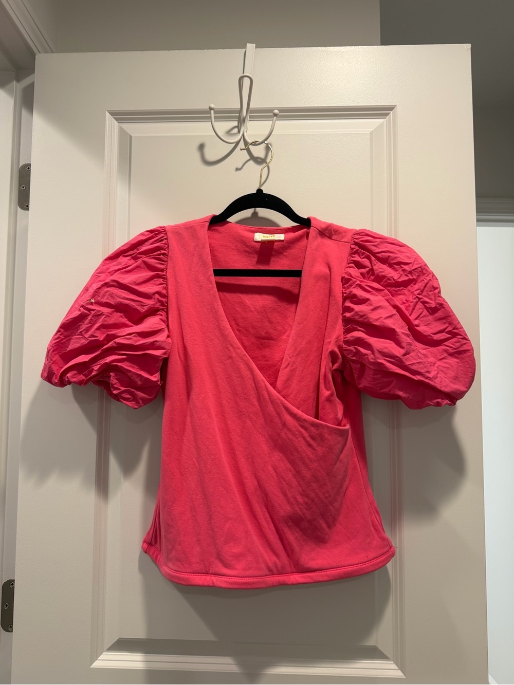 Maeve Hot Pink Puff-Sleeve Wrap Blouse